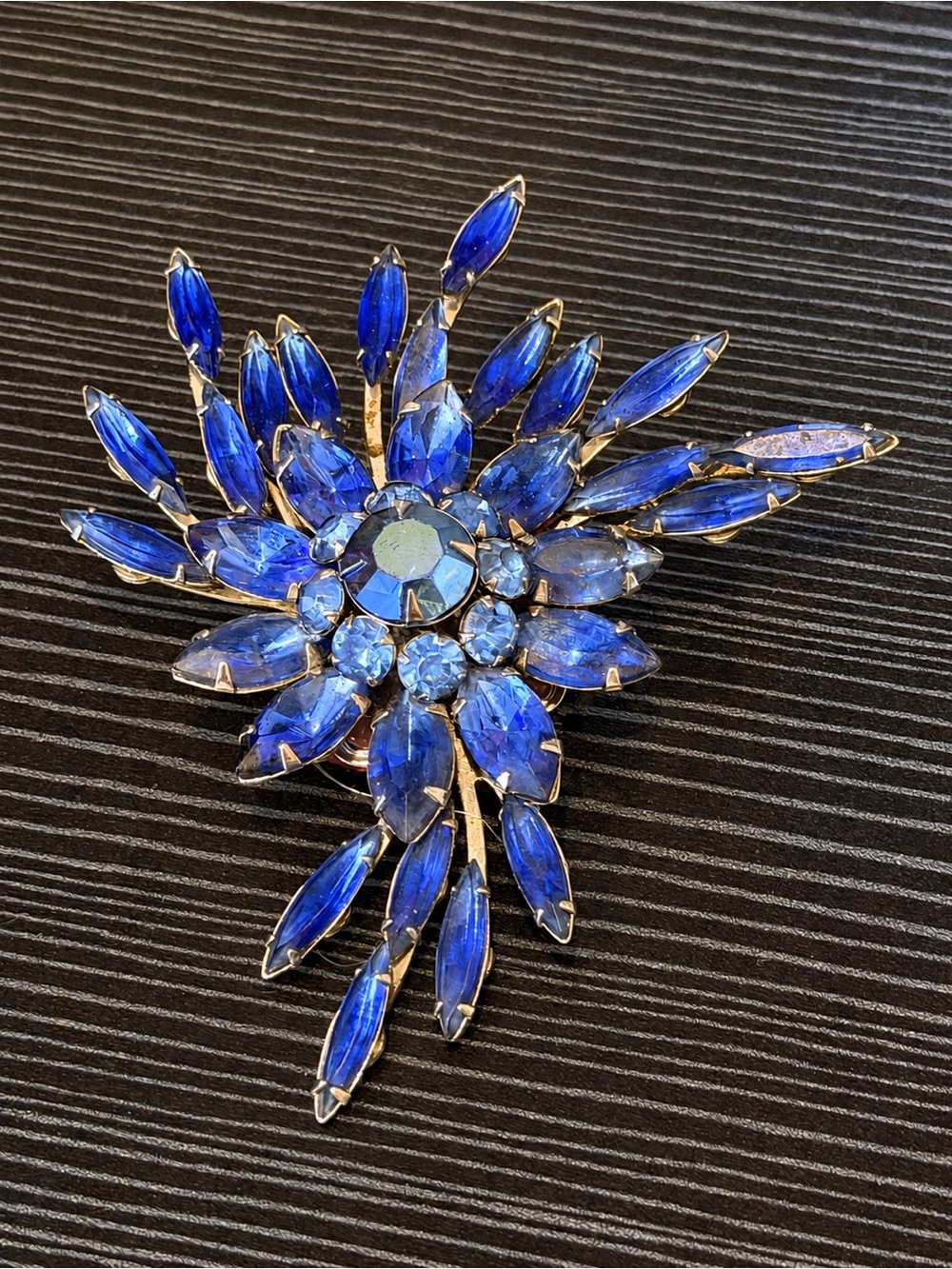 Vintage 4” Cobalt Blue Rhinestone Floral Spray Statement Brooch